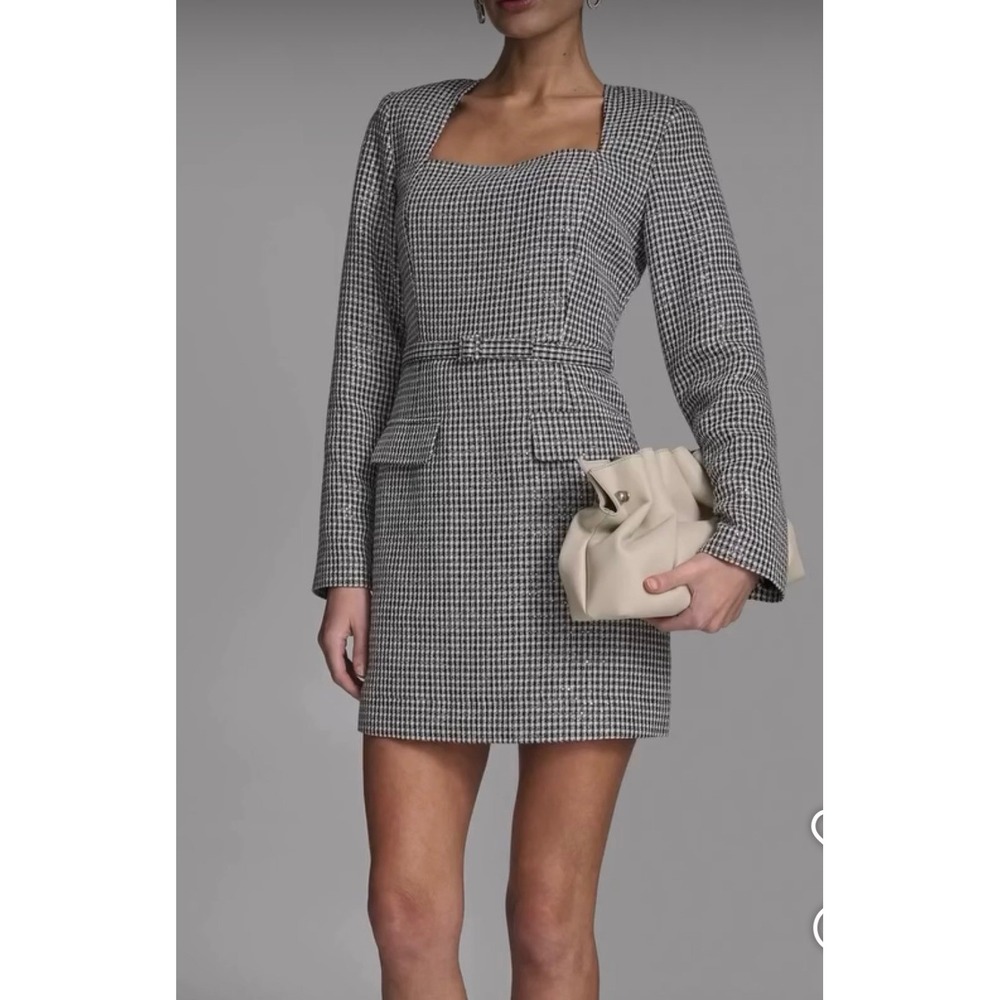 NWT BCBG Dress Womens Black White Houndstooth Sequin Belted Mini 2 $159